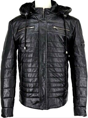 Techno Moto Smart Range Leather Puffer Jacket Men’s L/XL Black Hooded Quilted...